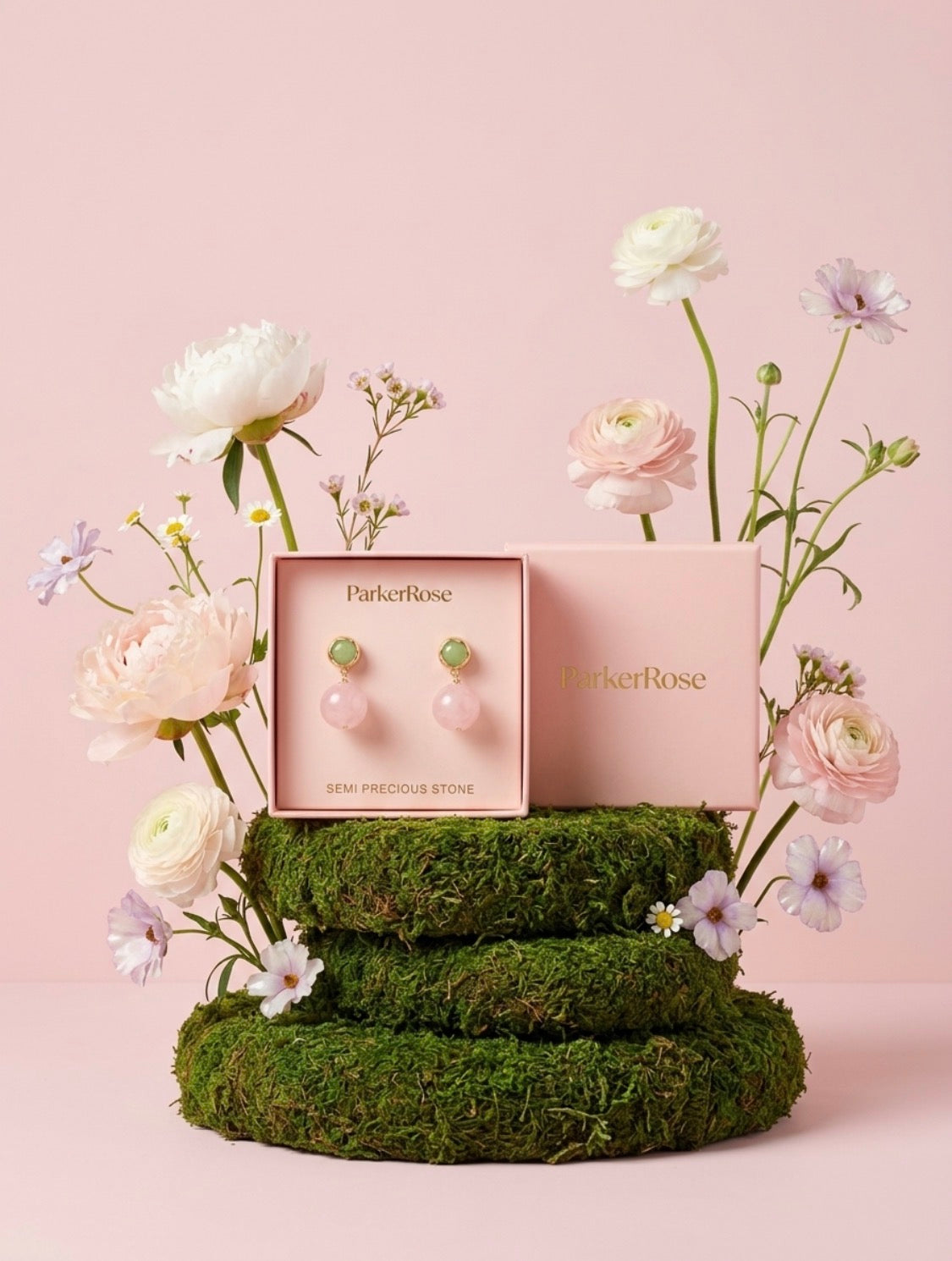 Parker Rose Semi Precious Stone Drop Earrings - Rose Quartz & Jade