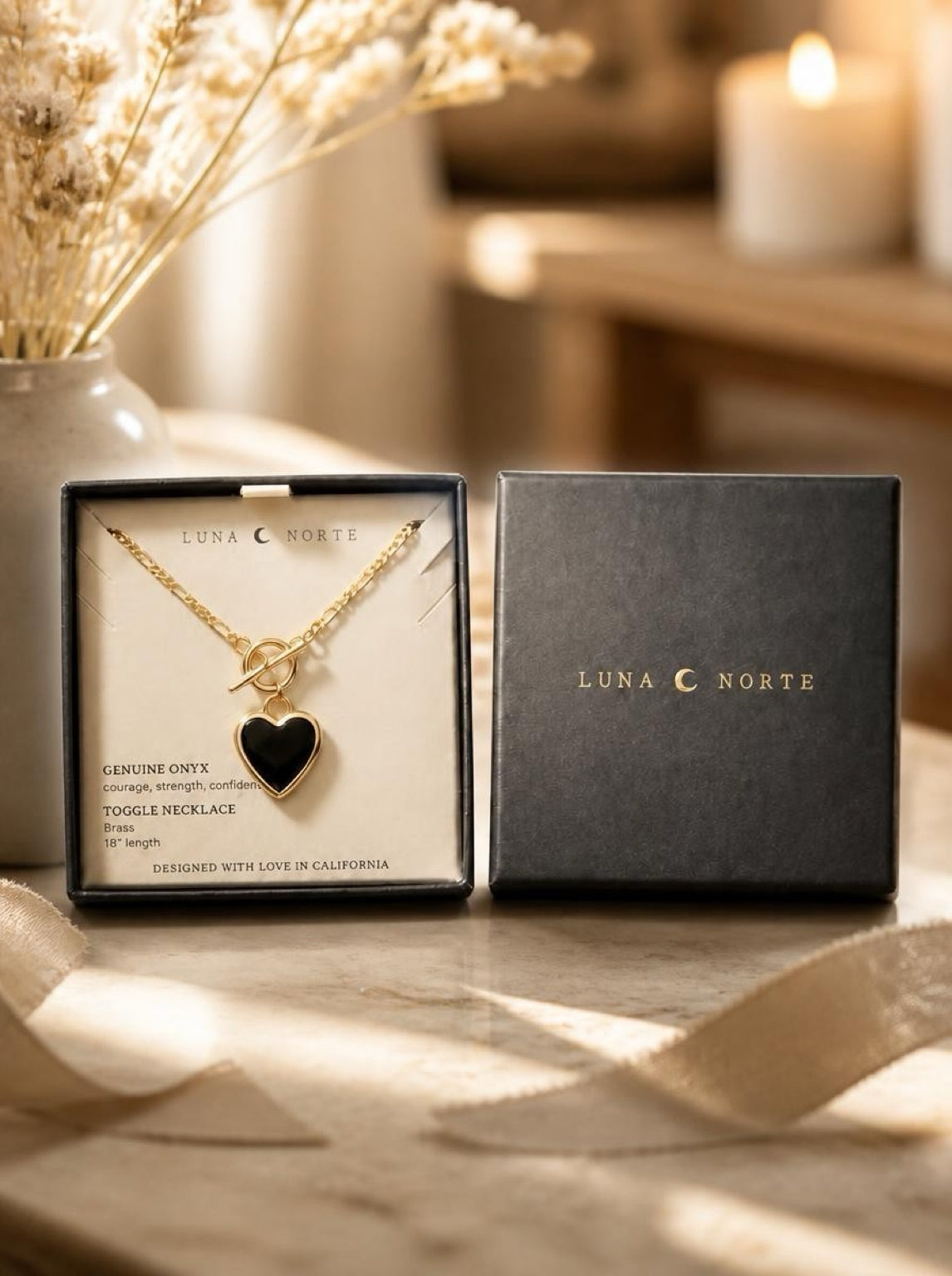 Onyx Heart Necklace – 18" Brass Figaro Chain with Toggle Clasp