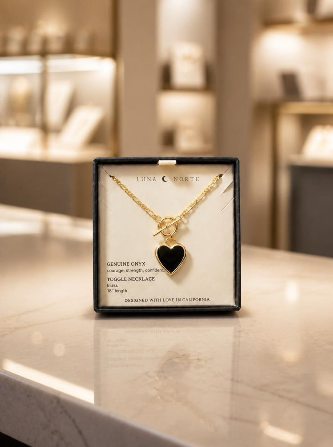 Onyx Heart Necklace – 18" Brass Figaro Chain with Toggle Clasp