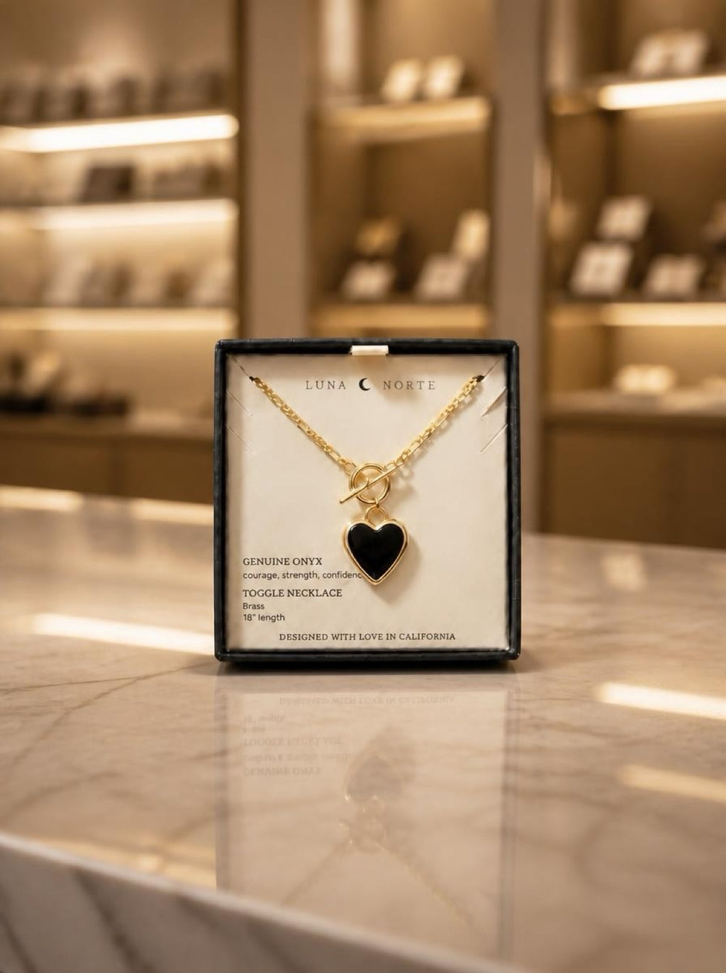 Onyx Heart Necklace – 18" Brass Figaro Chain with Toggle Clasp