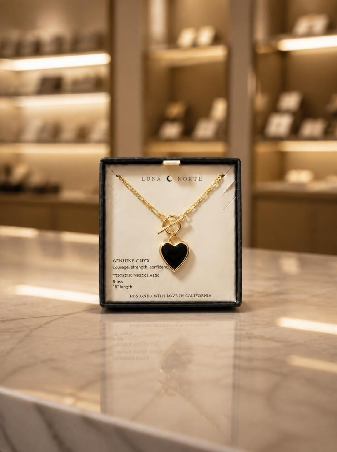 Onyx Heart Necklace – 18" Brass Figaro Chain with Toggle Clasp