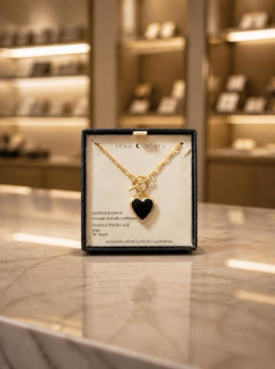 Onyx Heart Necklace – 18" Brass Figaro Chain with Toggle Clasp
