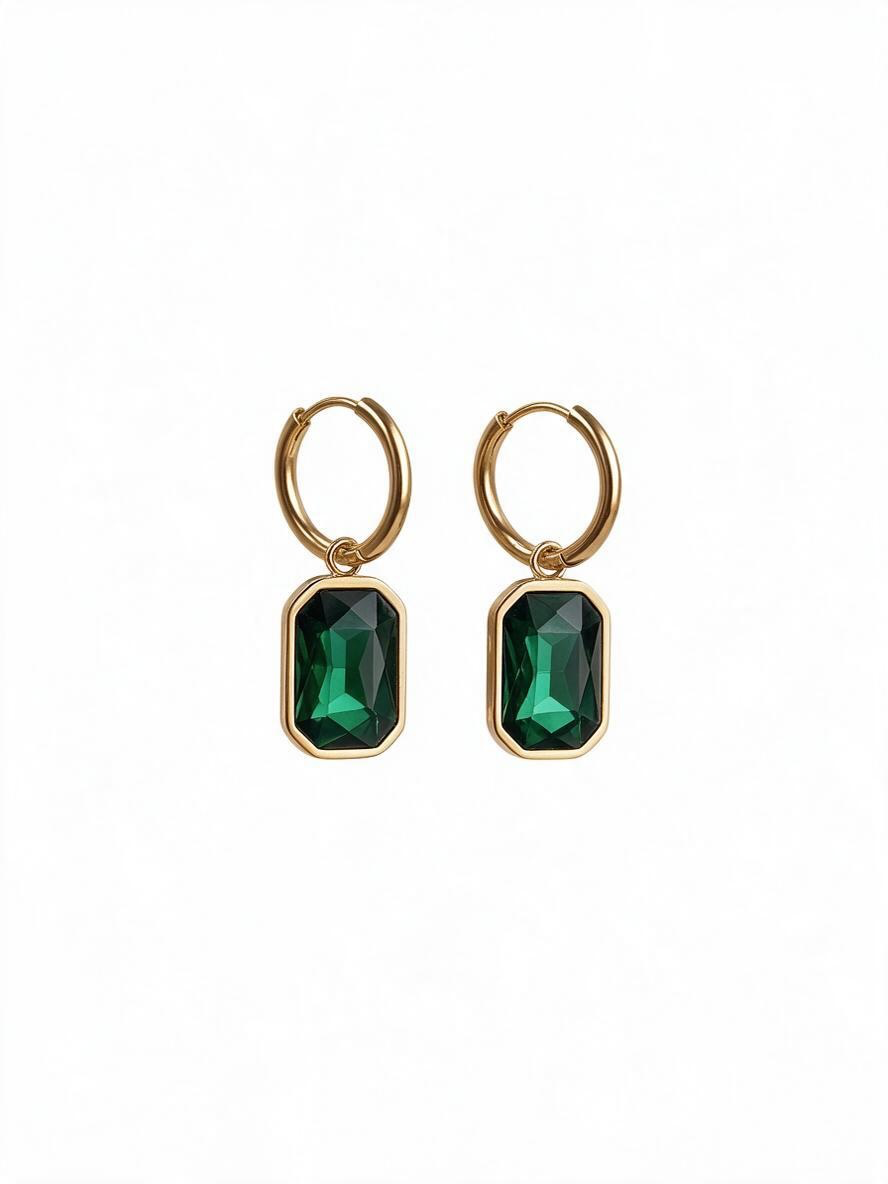 18K Gold Plated Emerald Green Crystal Drop Earrings – Stainless Steel