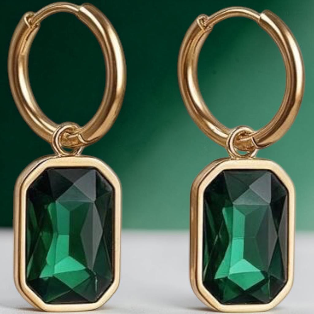 18K Gold Plated Emerald Green Crystal Drop Earrings – Stainless Steel