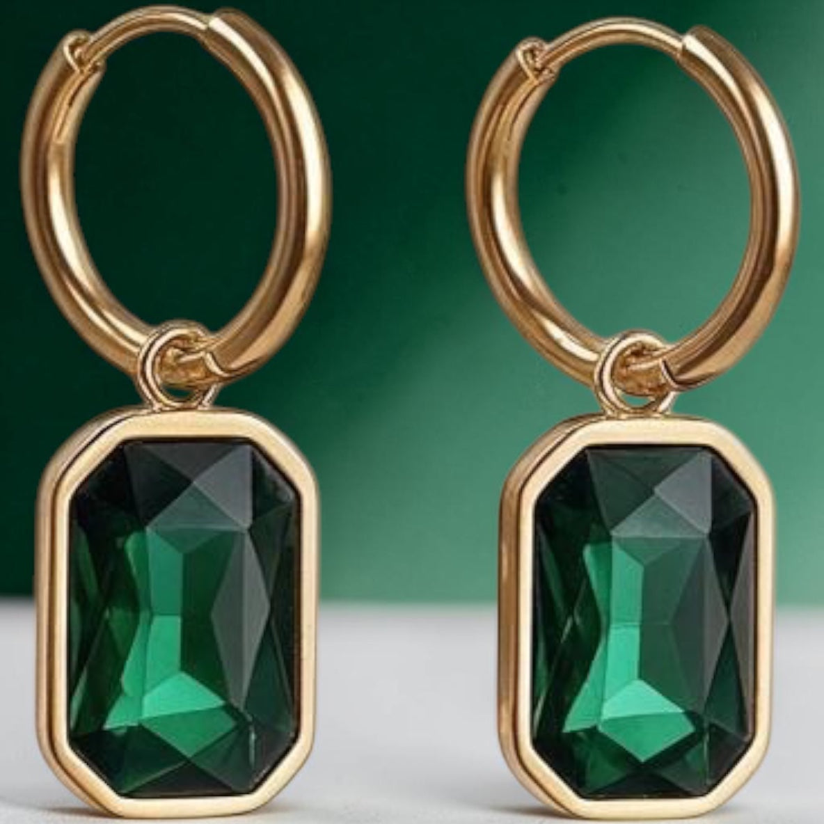 18K Gold Plated Emerald Green Crystal Drop Earrings – Stainless Steel