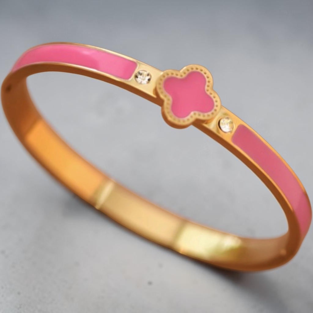 18K Gold Plated Pink Clover Bangle Bracelet – Stainless Steel
