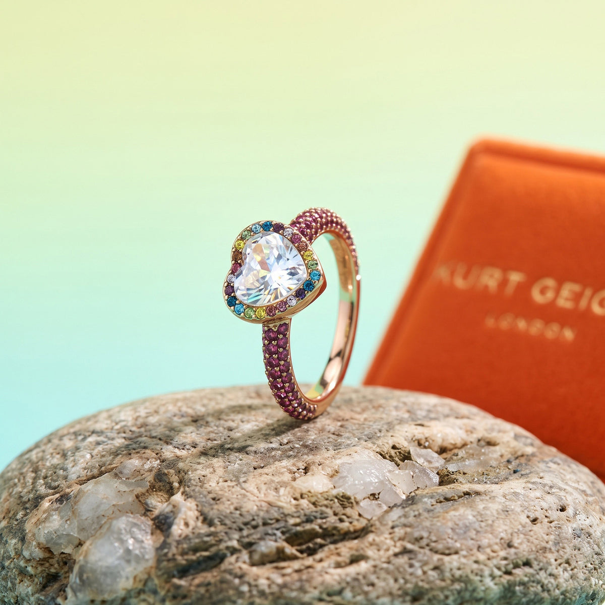 Kurt Geiger Pink Crystal Heart Ring, Size 8