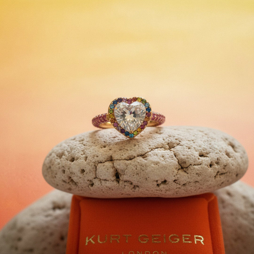 Kurt Geiger Pink Crystal Heart Ring, Size 8
