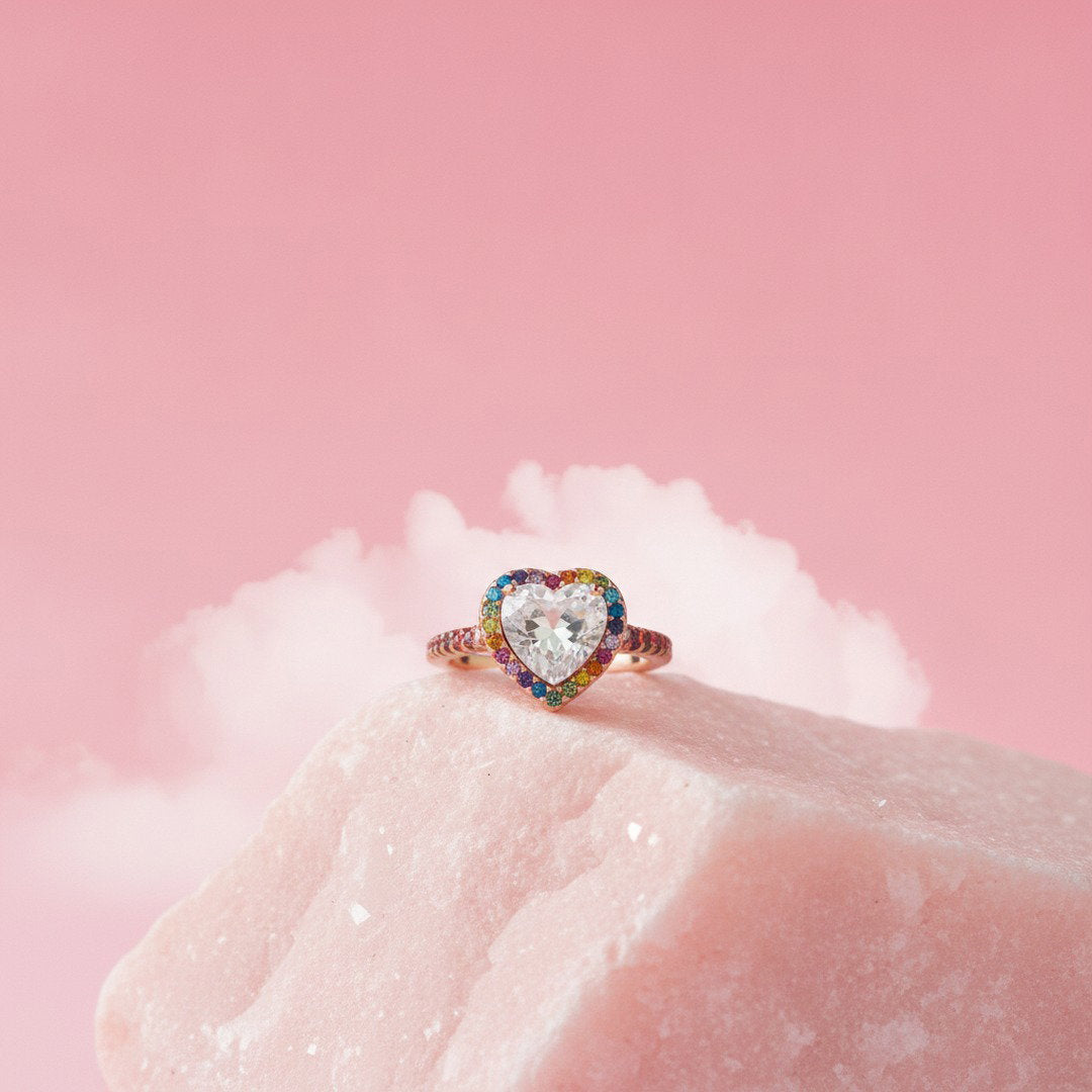 Kurt Geiger Pink Crystal Heart Ring, Size 8