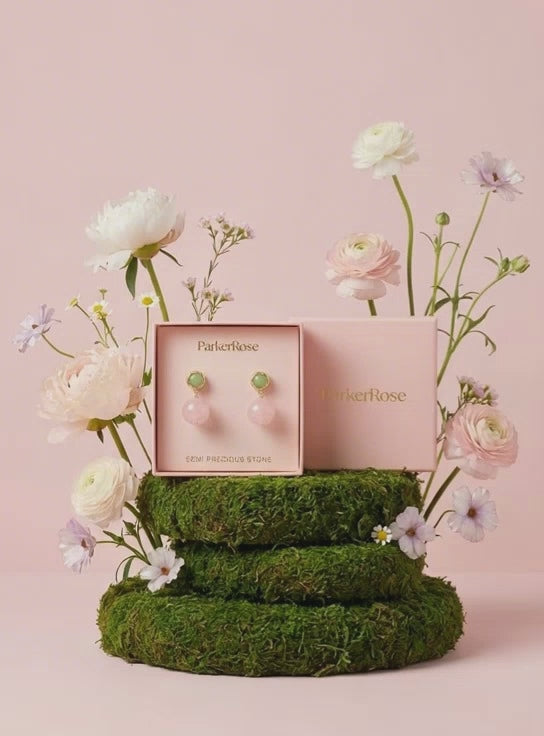 Parker Rose Semi Precious Stone Drop Earrings - Rose Quartz & Jade